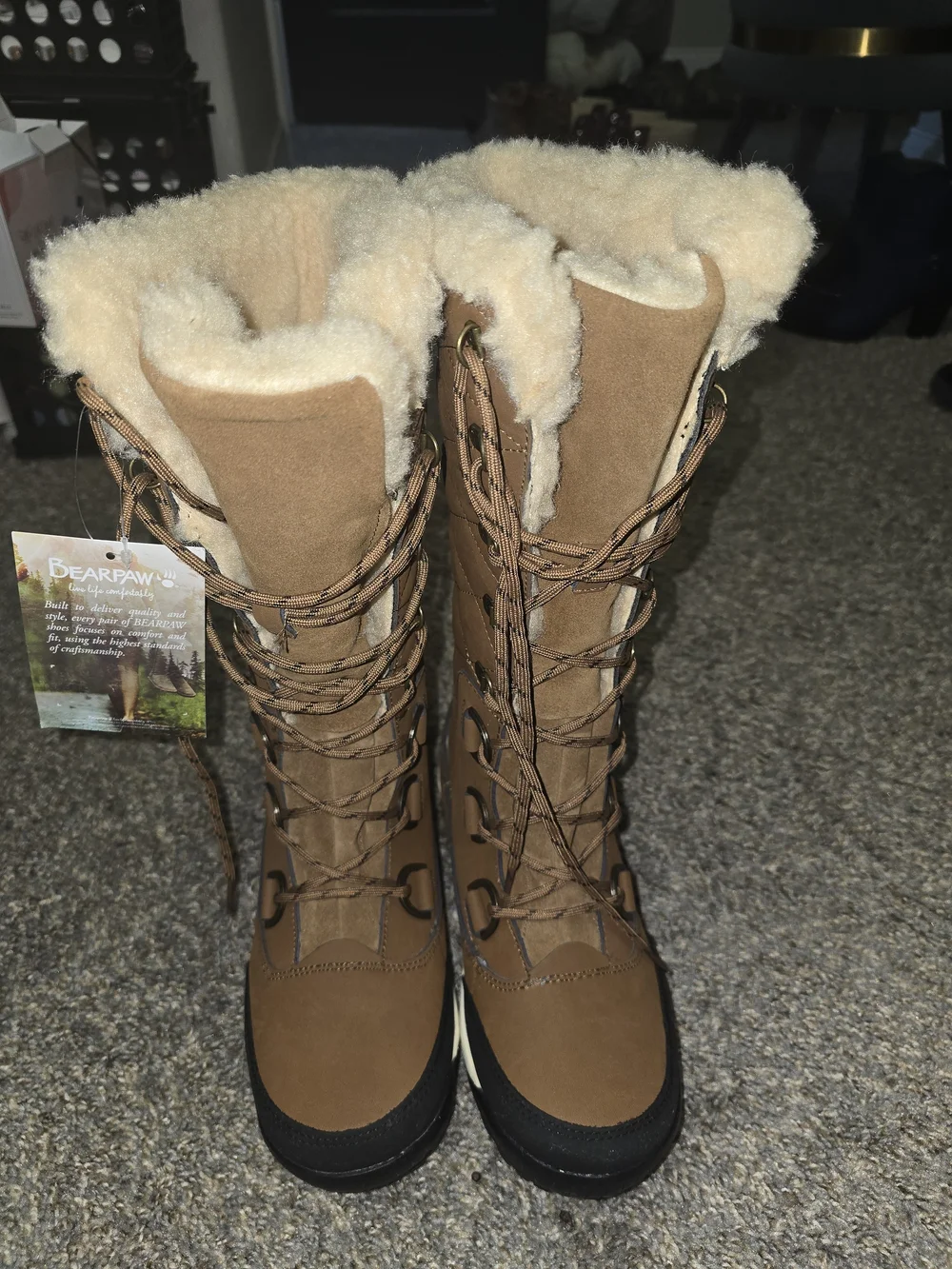 BearPaw Women's Chestnut Quilted Lace-Up Winter Booties with Faux Shearling